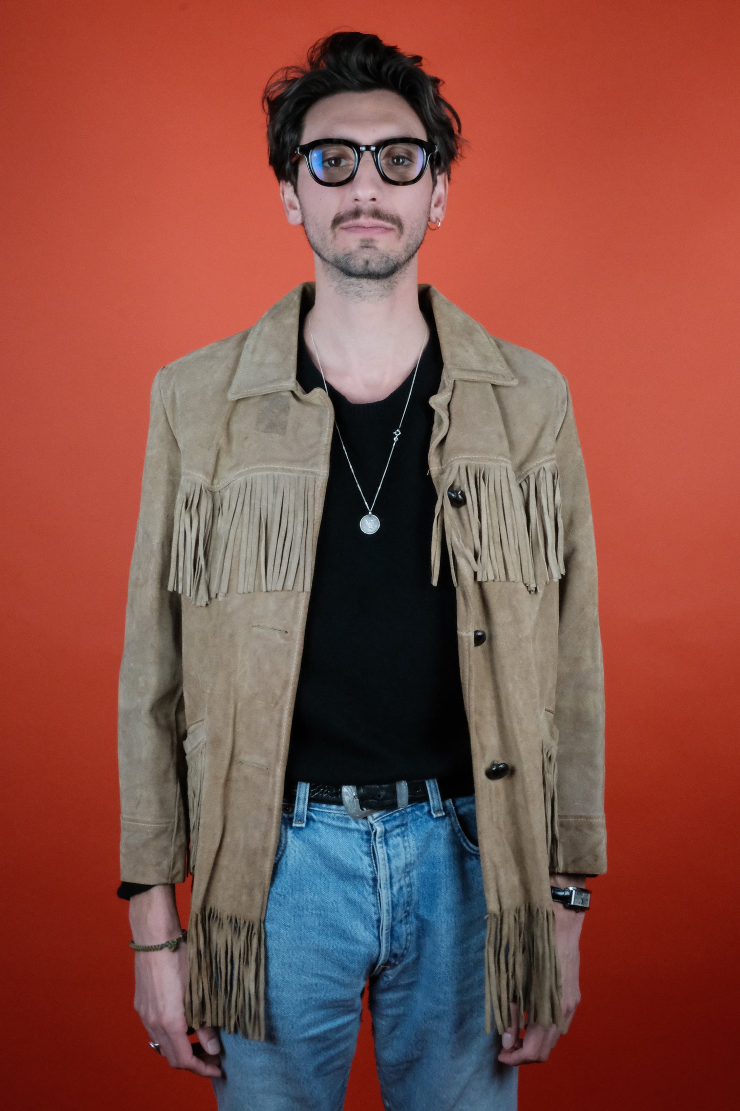 Fringe Suede Leather Jacket w/ Lining Dust Beige 'M' - vintage clothing clochard92.com