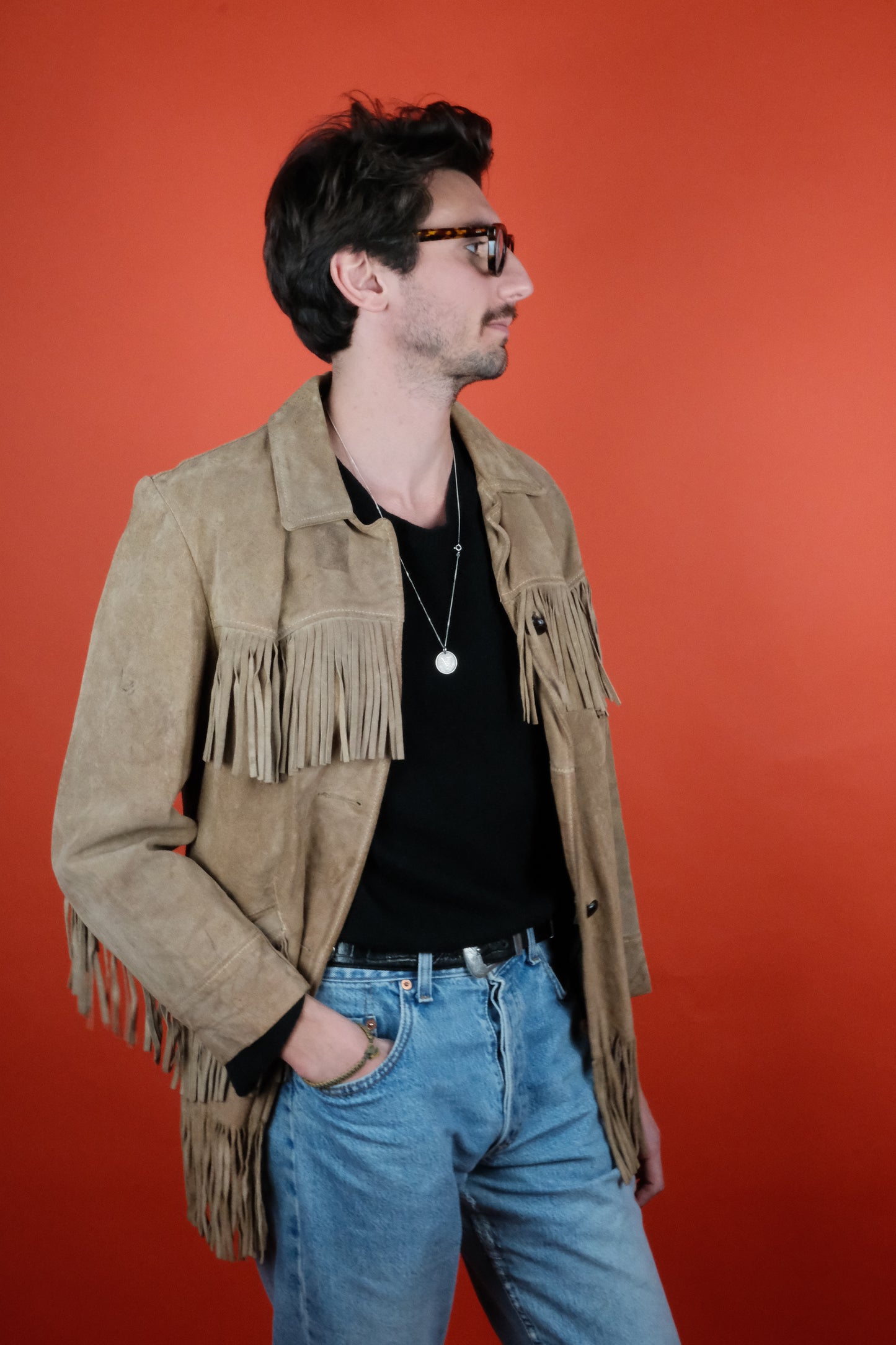 Fringe Suede Leather Jacket w/ Lining Dust Beige 'M' - vintage clothing clochard92.com