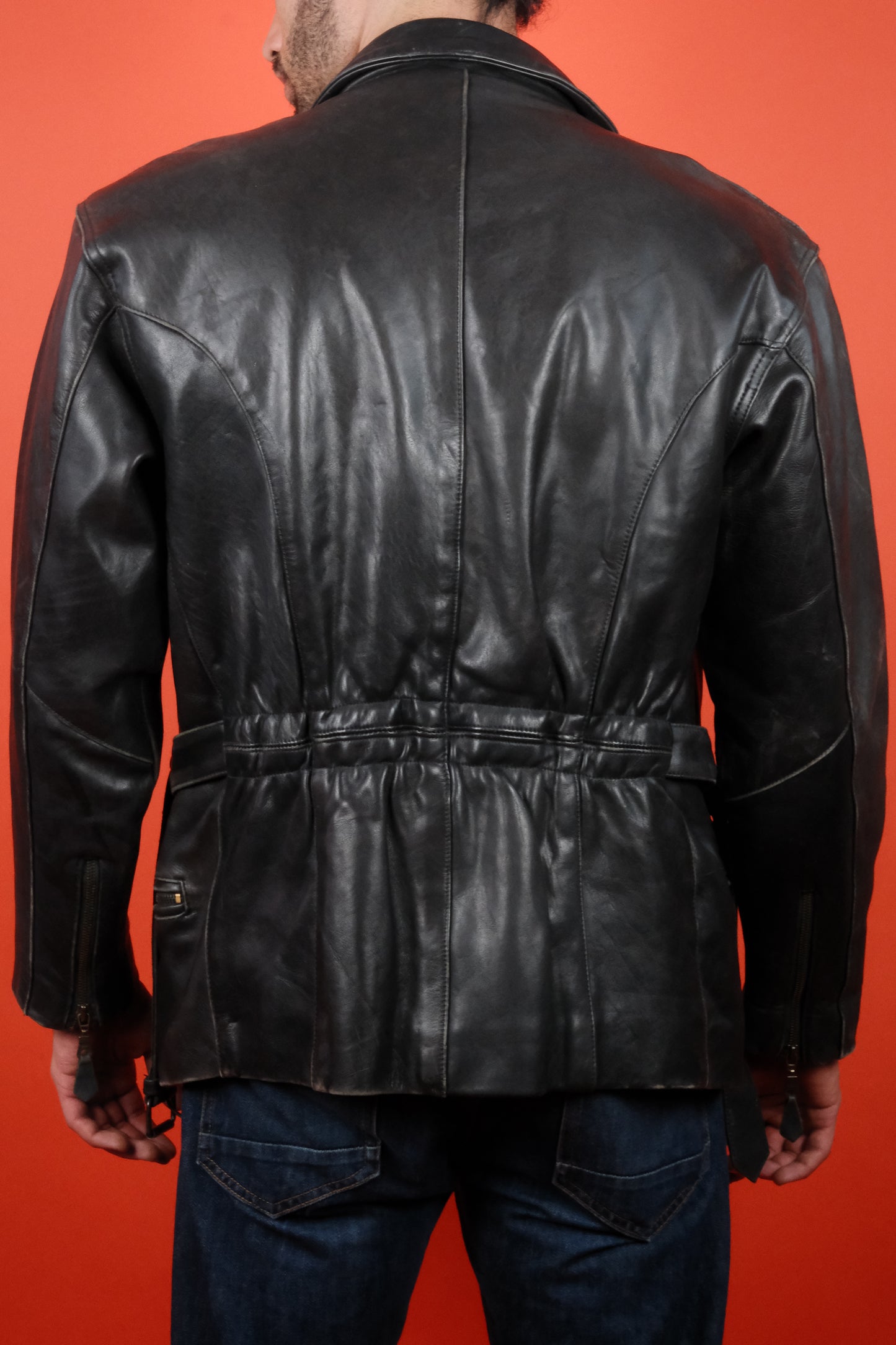 Black Leather Jacket w/ Belt 'S' - vintage clothing clochard92.com