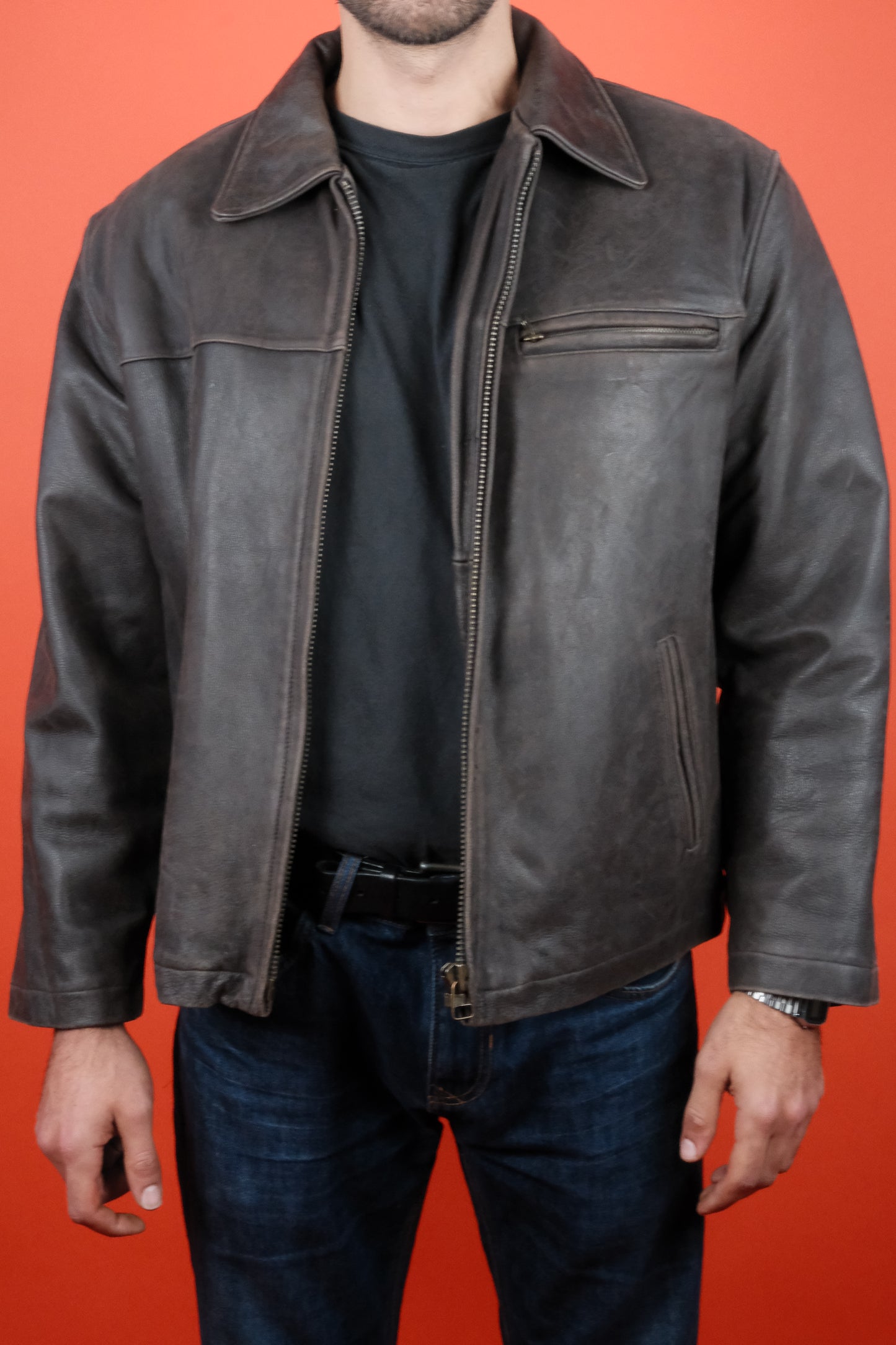 Rifle & Co. Brown Leather Jacket w/ warm lining 'L' - vintage clothing clochard92.com