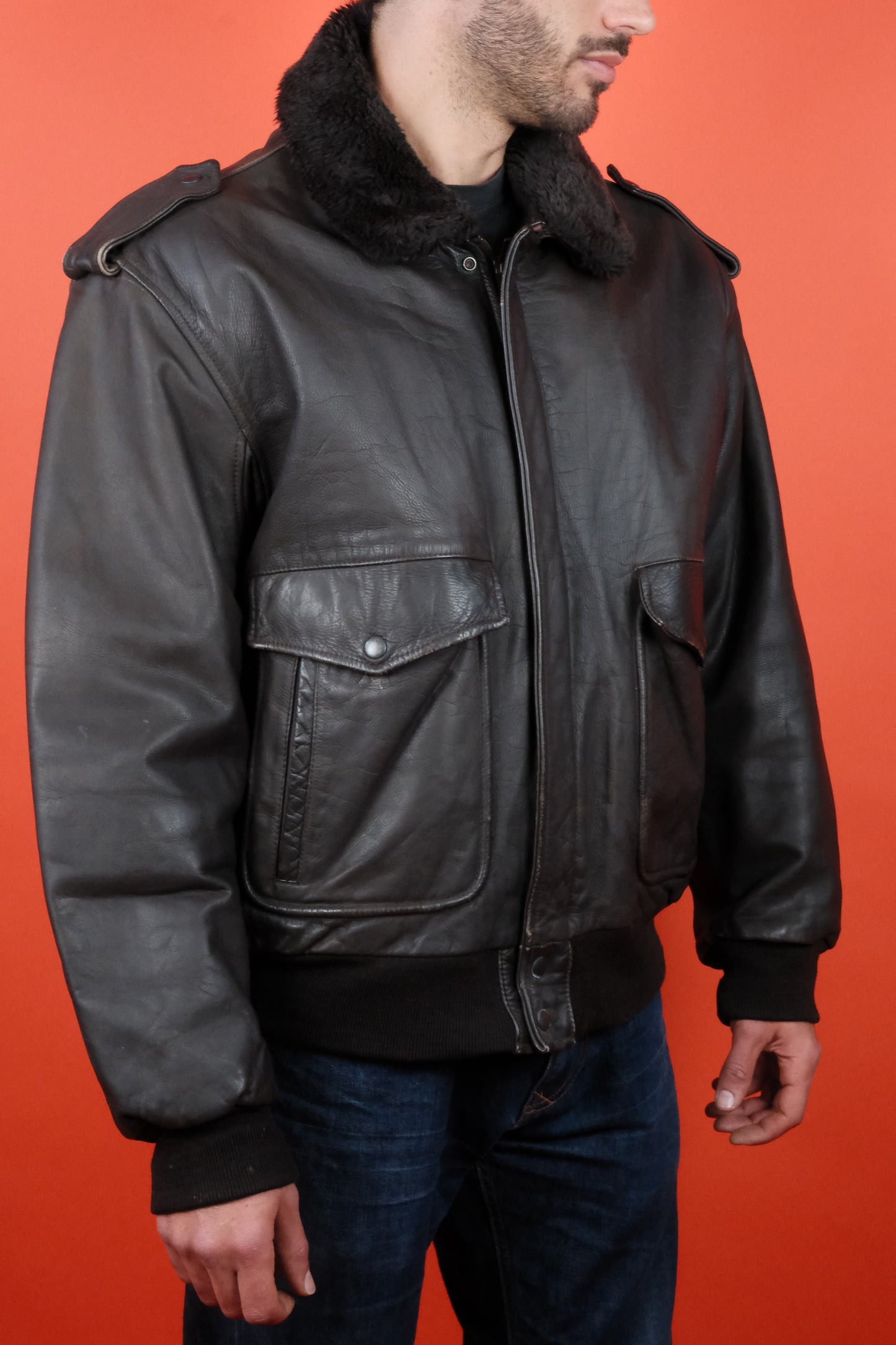 Brown Leather Jacket w/ Lining & Detachable Collar 'XL' - vintage clothing clochard92.com