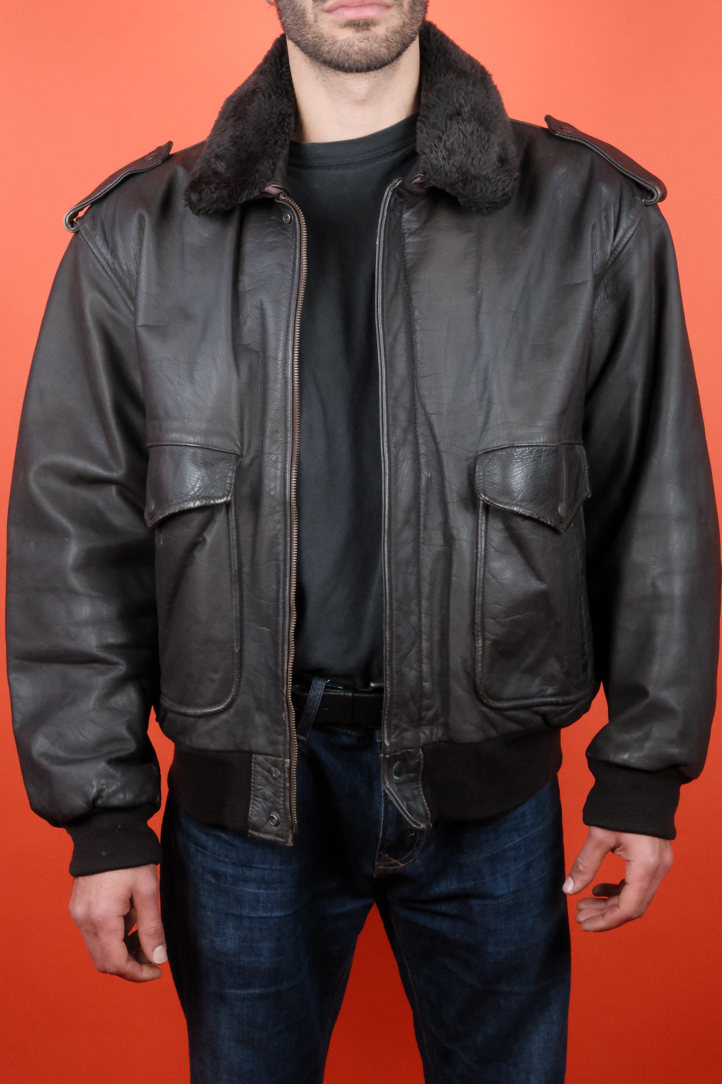 Brown Leather Jacket w/ Lining & Detachable Collar 'XL' - vintage clothing clochard92.com