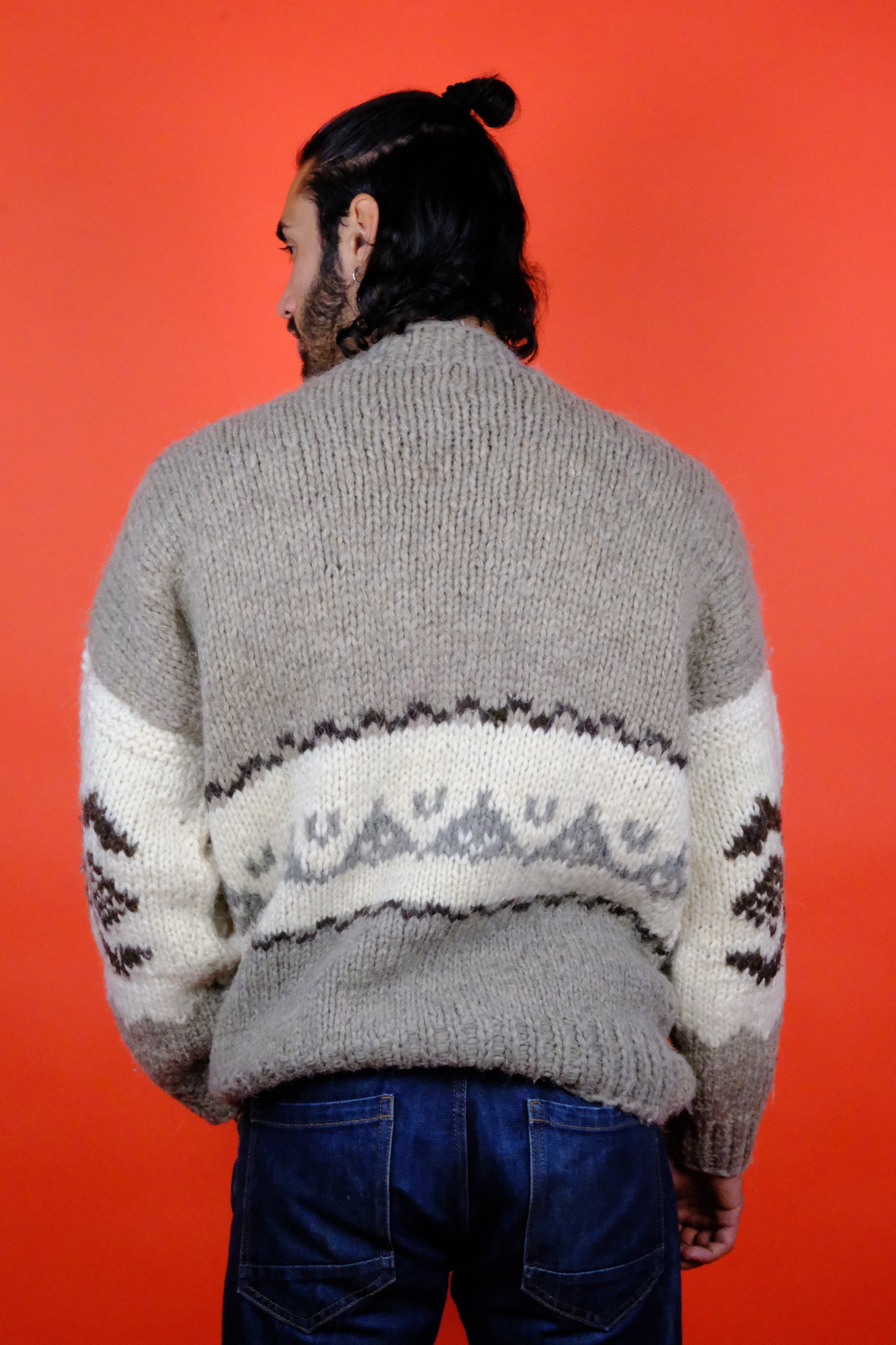 Hand Knitted Beige & Grey Wool Sweater 'L' - vintage clothing clochard92.com