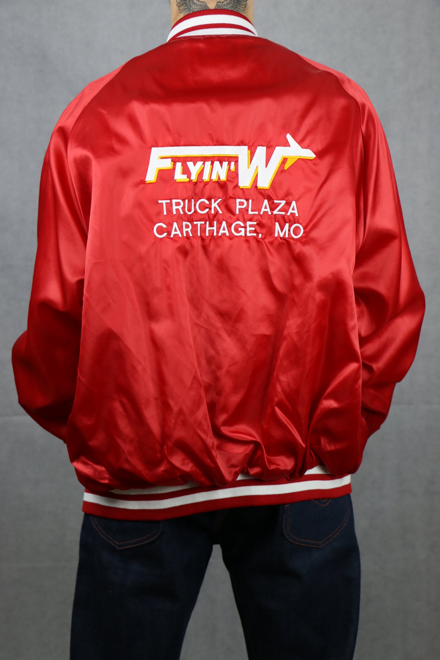 Satin Red Bomber Jacket (Flyin) - vintage clothing clochard92.com