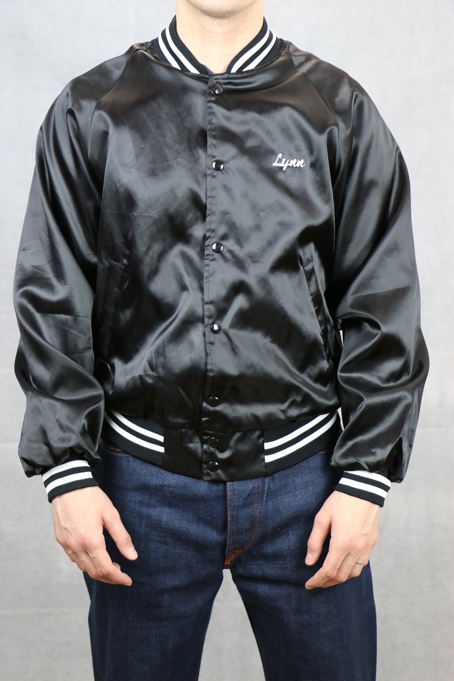 Satin Black Bomber Jacket (Jazz) - vintage clothing clochard92.com