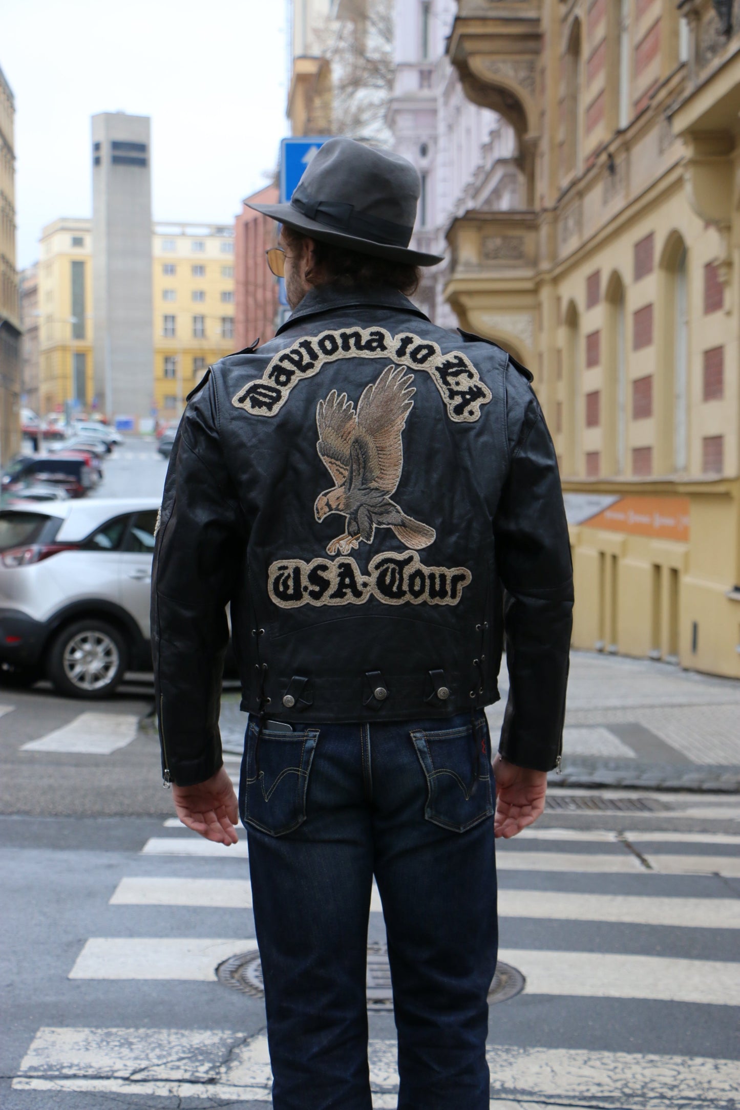 '92 Biker Leather Jacket Motorcycle Club U.S.A. 'Daytona to L.A. Racing' - vintage clothing clochard92.com