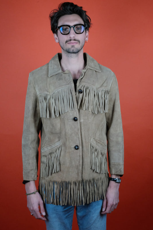 Fringe Suede Leather Jacket w/ Lining Dust Beige 'M' - vintage clothing clochard92.com