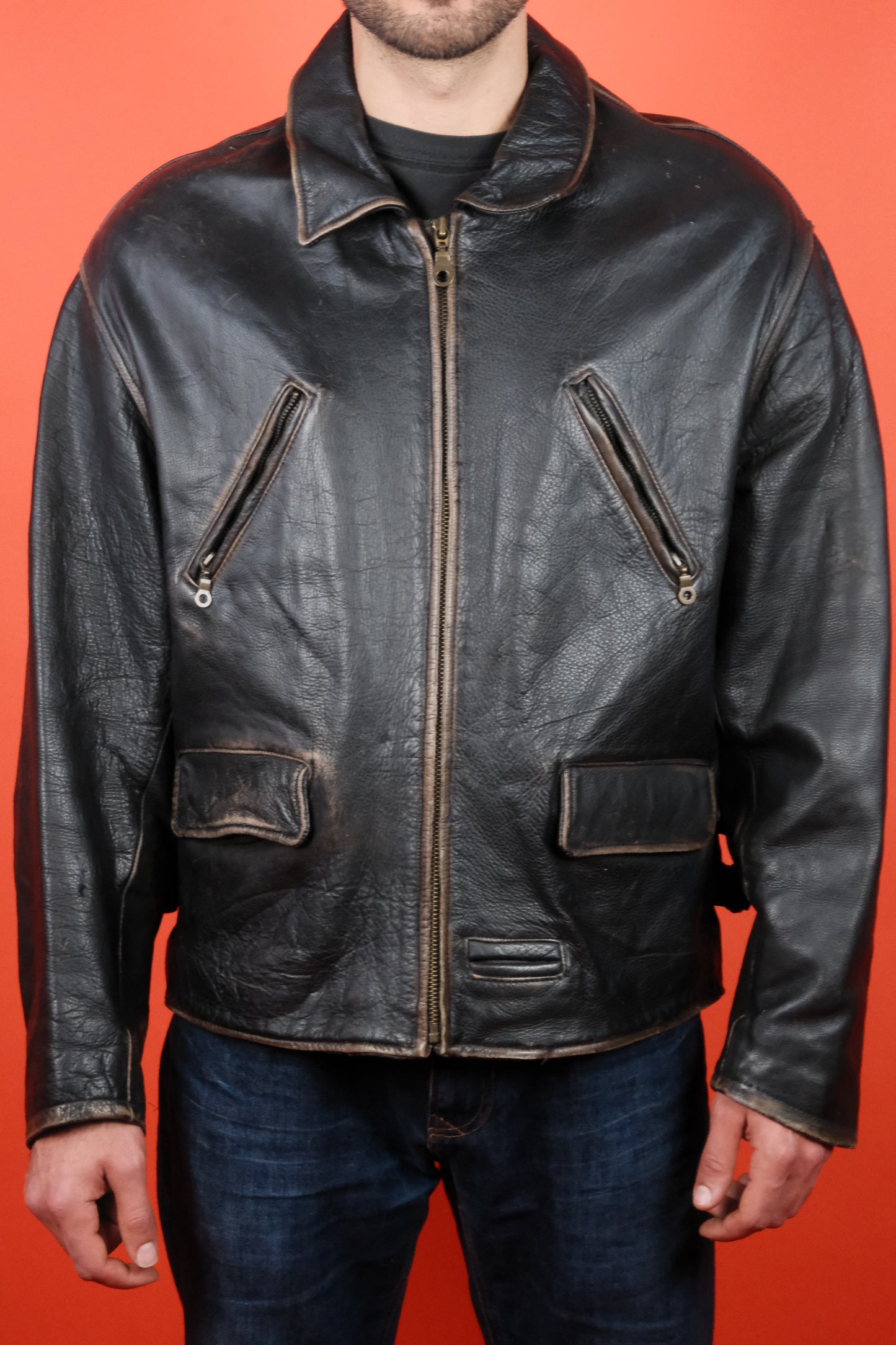 Black Leather Jacket w/ Patina 'L' - vintage clothing clochard92.com