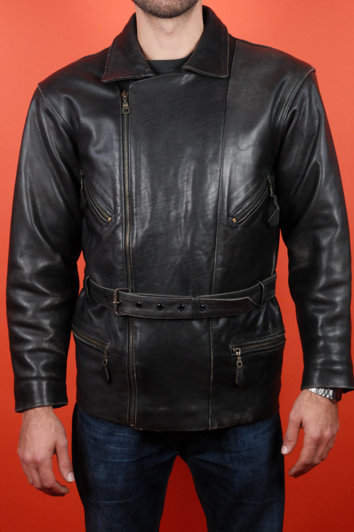 Black Leather Jacket w/ Belt 'S' - vintage clothing clochard92.com