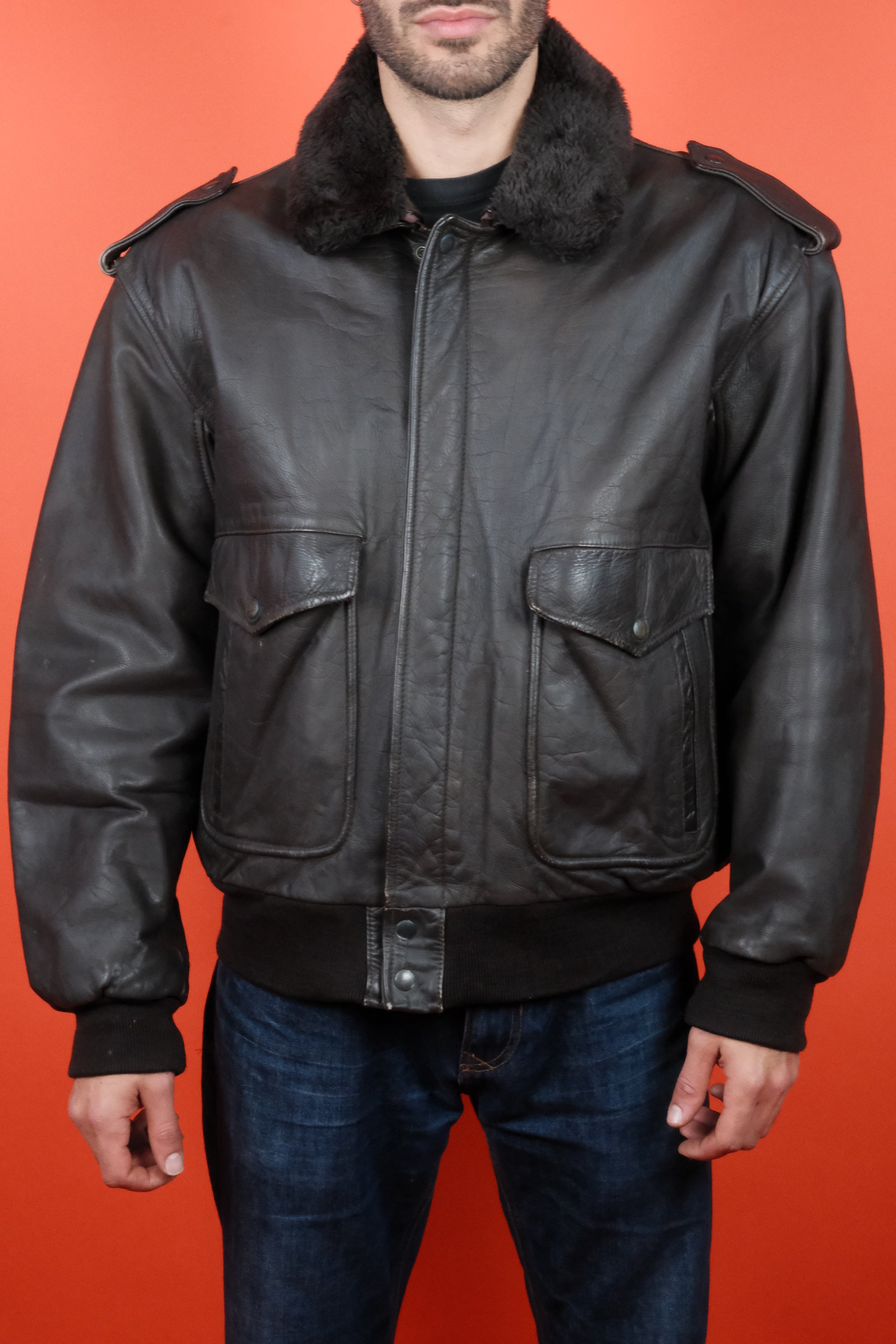 Brown Leather Jacket w/ Lining & Detachable Collar 'XL' - vintage clothing clochard92.com