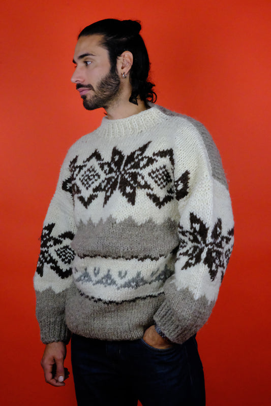Hand Knitted Beige & Grey Wool Sweater 'L' - vintage clothing clochard92.com