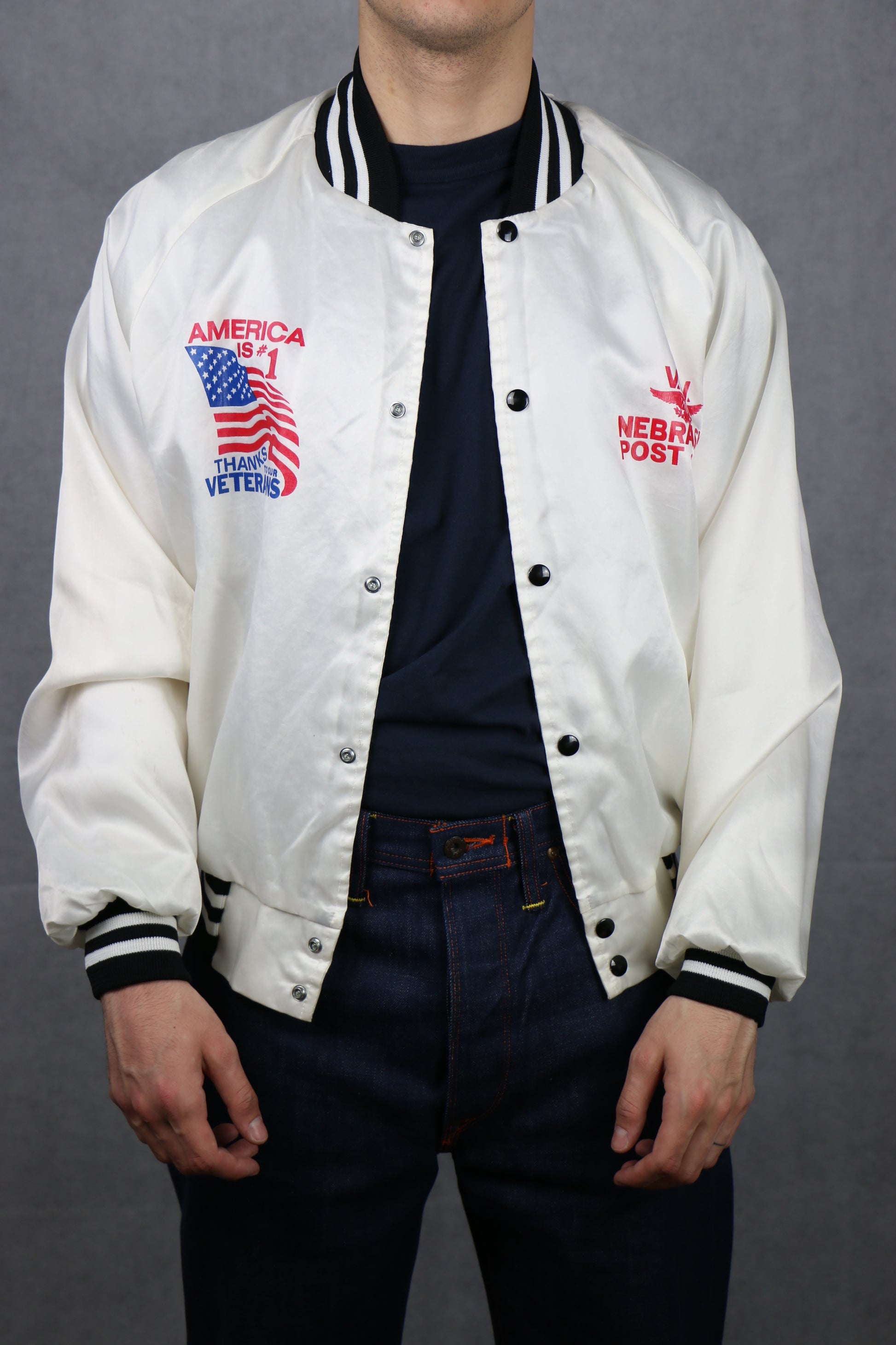Satin White Bomber Jacket (Nebraska) - vintage clothing clochard92.com
