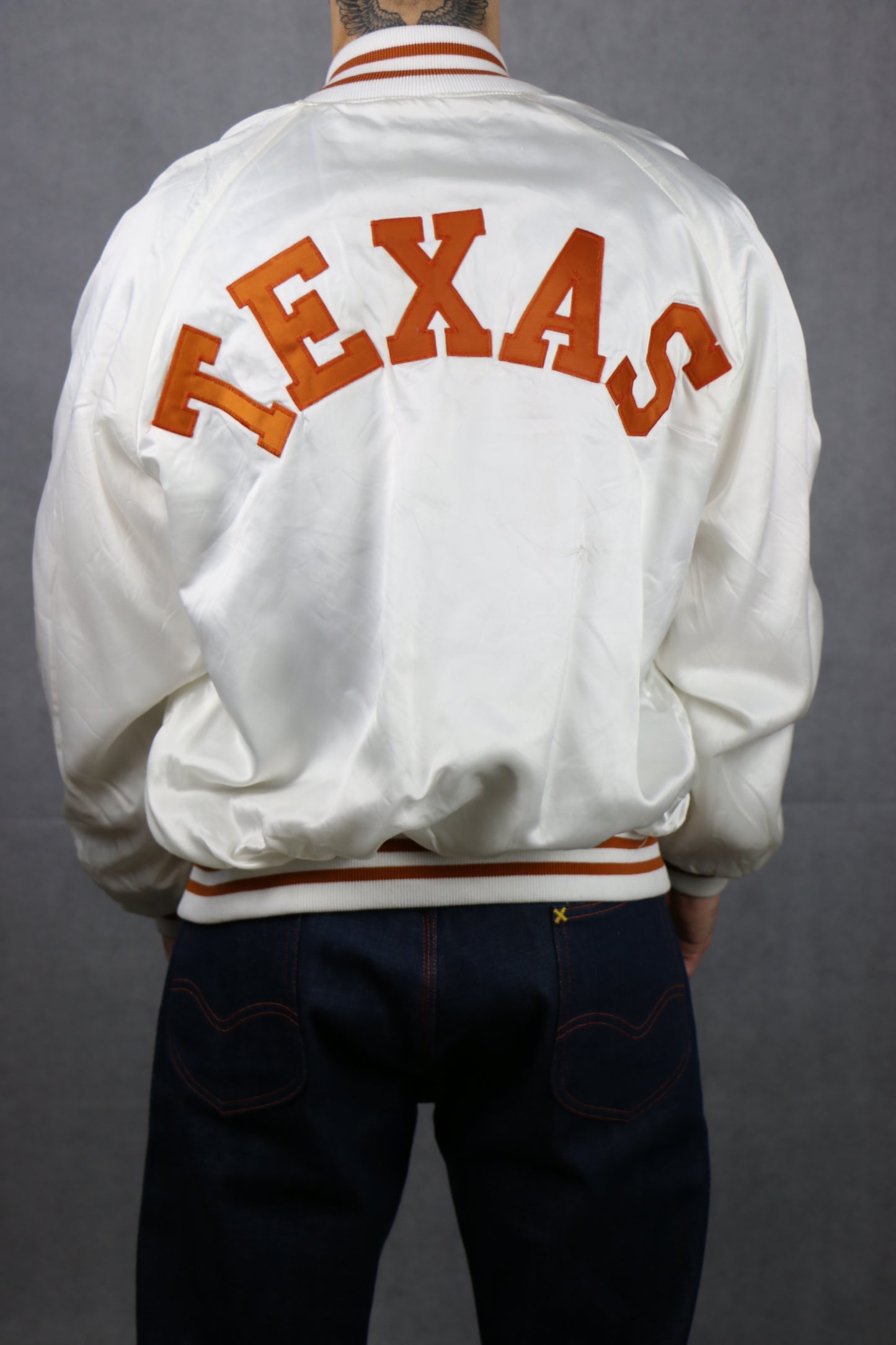 Satin White Bomber Jacket (Texas) - vintage clothing clochard92.com