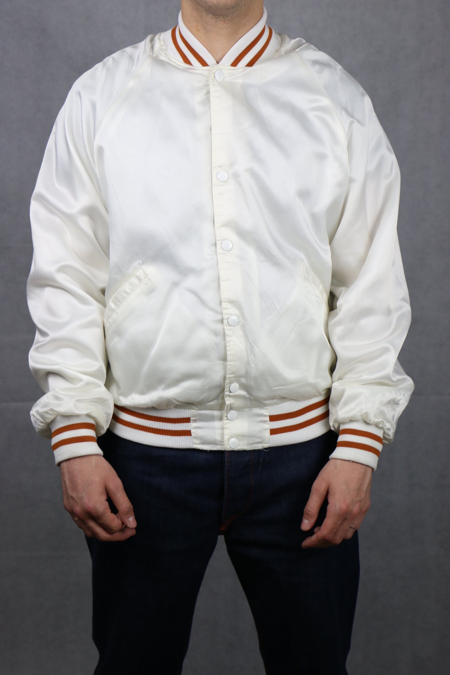 Satin White Bomber Jacket (Texas) - vintage clothing clochard92.com