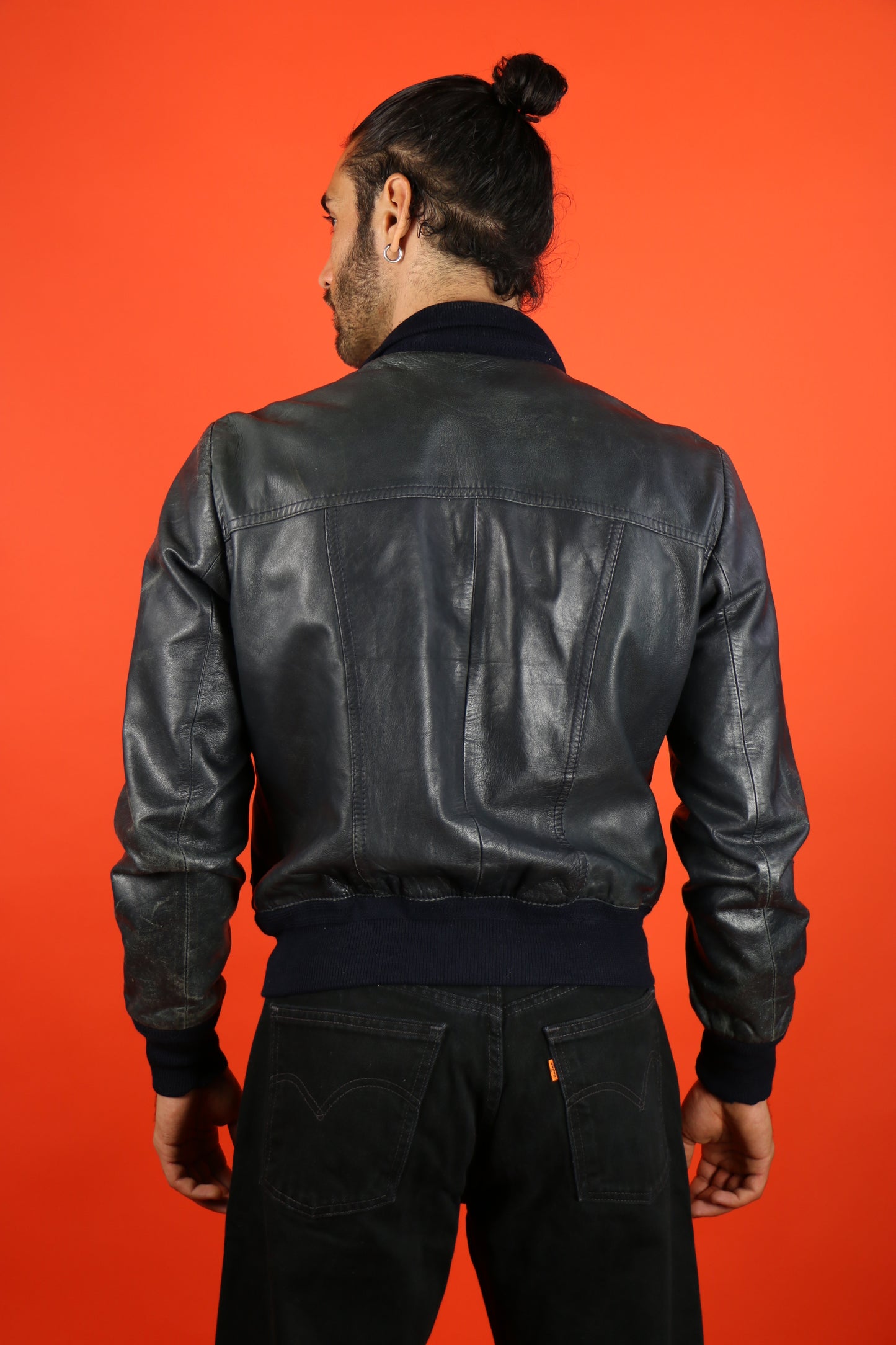 Leather Jacket w/o collar Navy - vintage clothing clochard92.com