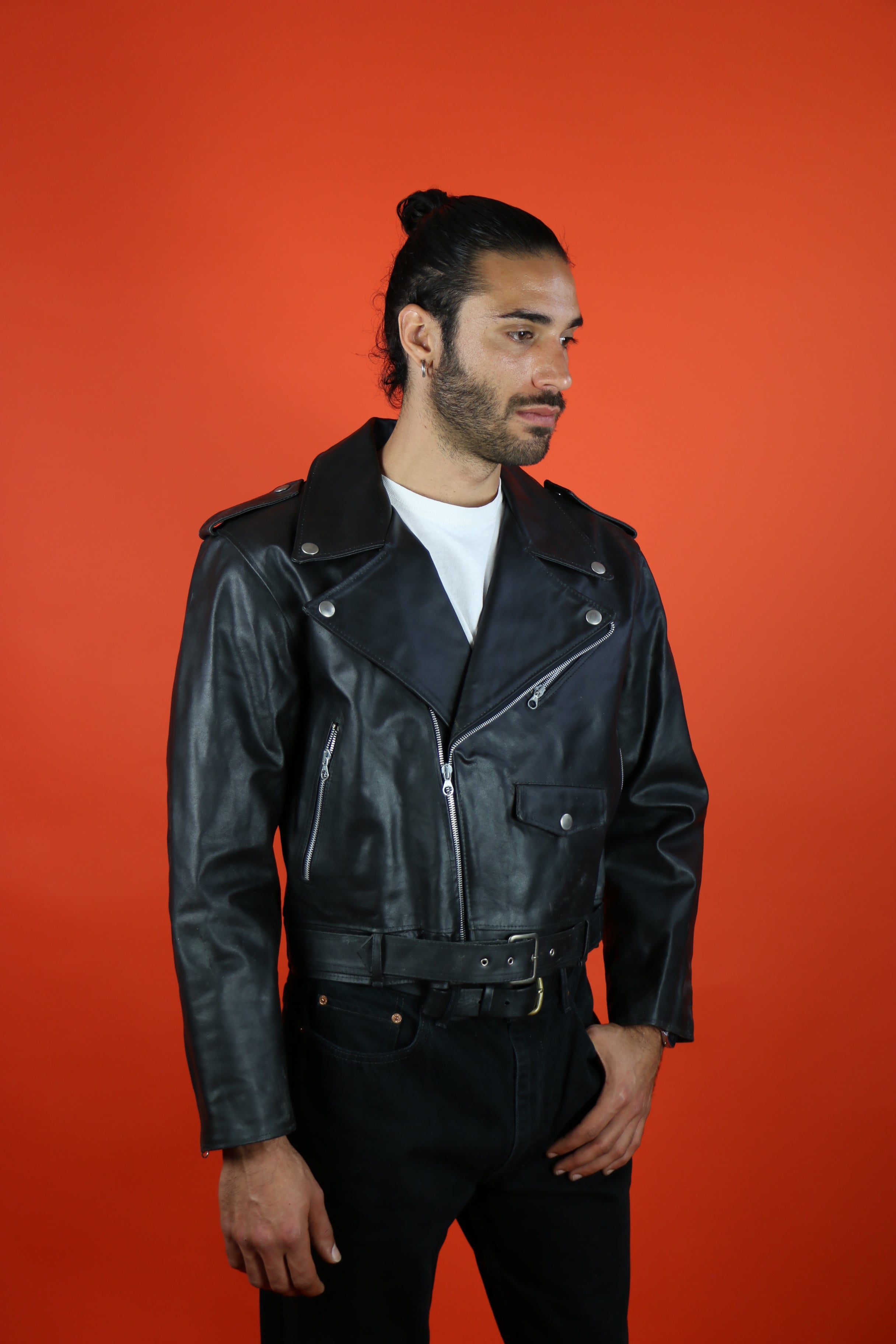 Biker Leather Jacket Red Lining Vintage Store Clochard92