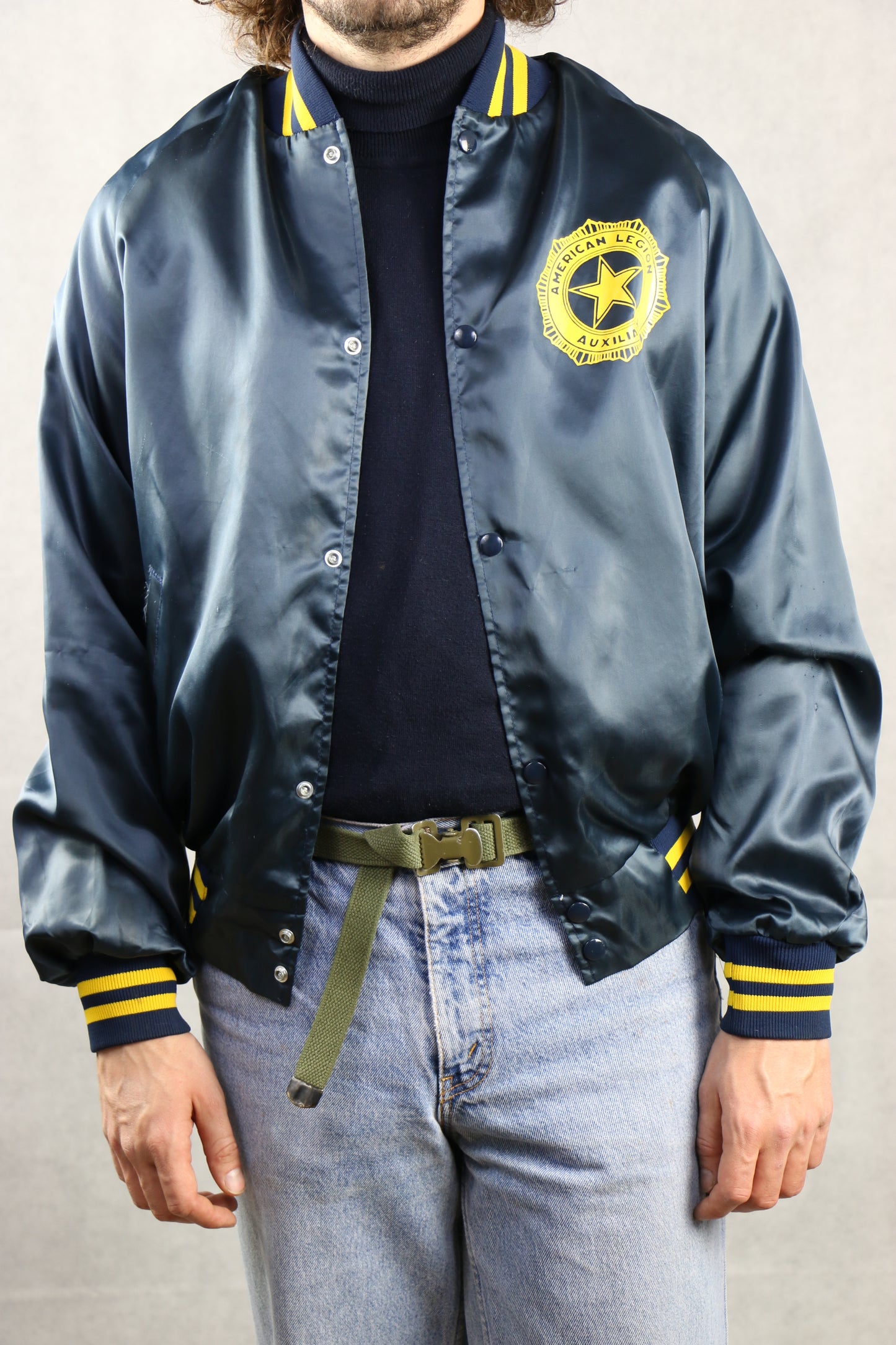 Satin Navy Bomber Jacket - vintage clothing clochard92.com